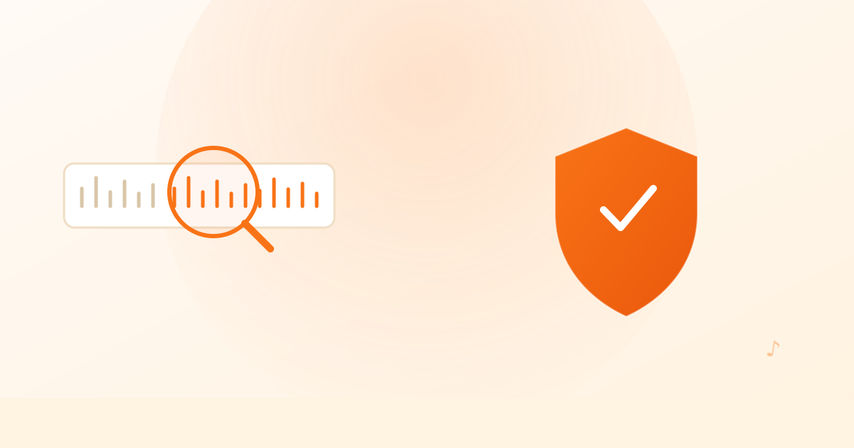 Two audio waveforms compared under a magnifying glass next to a verified shield, representing music plagiarism detection and proof of ownership
