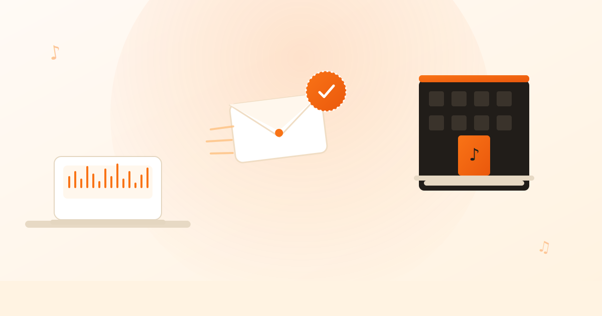 Musician sending a protected demo to a record label, shown as a certified envelope traveling from a laptop toward a record label building
