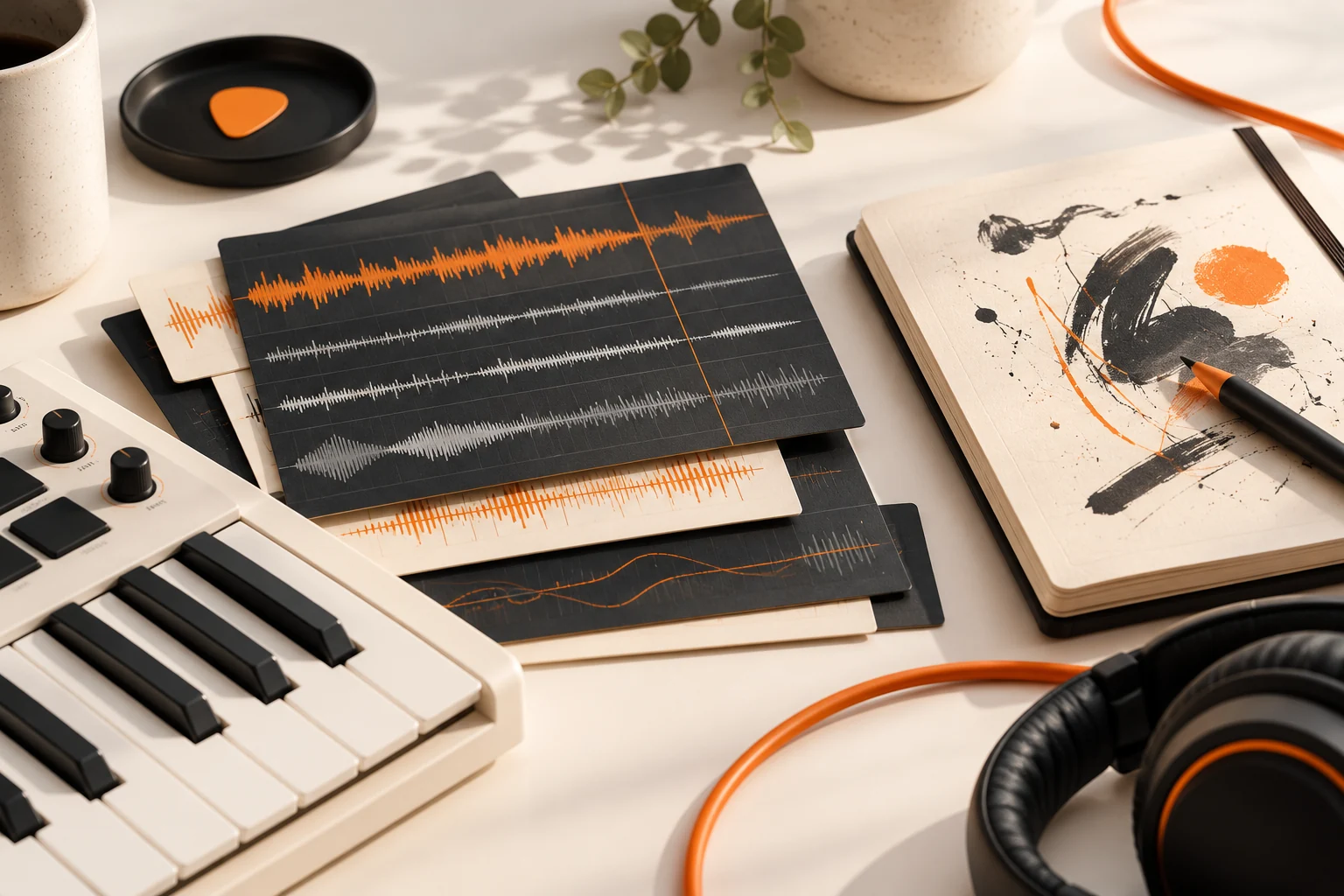 Atelier musical avec clavier, casque et représentations de pistes audio