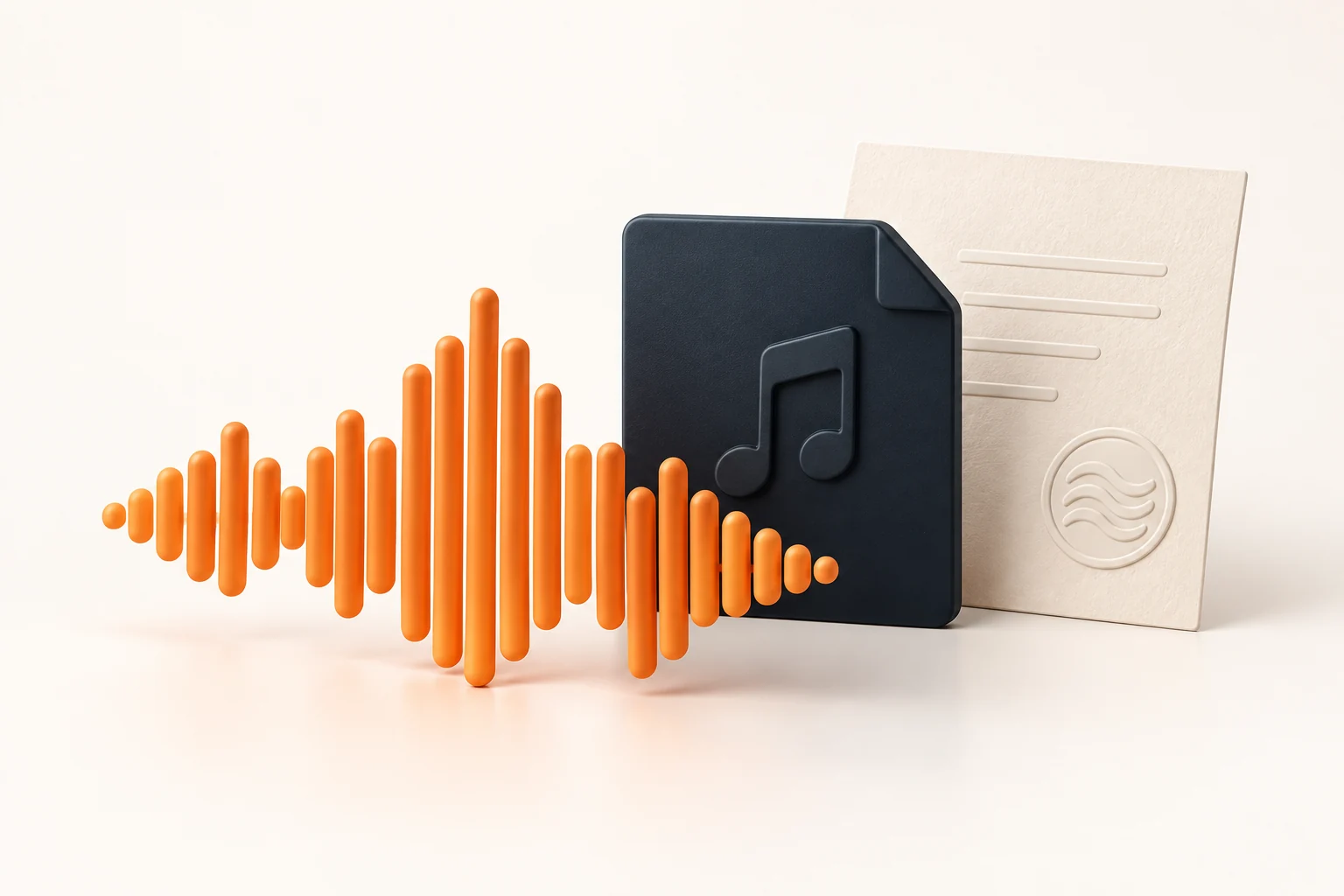 Illustration d’un fichier audio, d’une onde sonore orange et d’un document